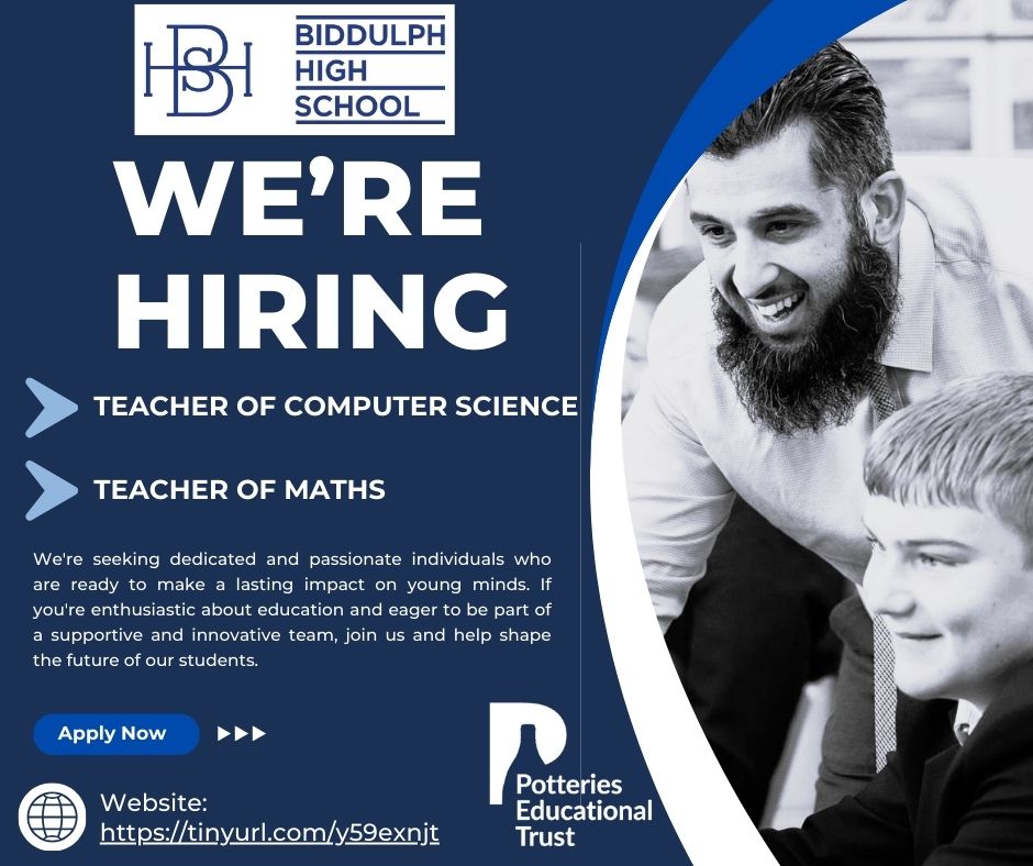 ✨ WE'RE HIRING ✨

➡️Teacher of Computer Science 💻
➡️Teacher of Maths 📐

📍 Location: <a href="/BiddulphHigh/">Biddulph High School and Sixth Form</a> 

Passionate about education? Apply now:

🔗 tinyurl.com/y59exnjt