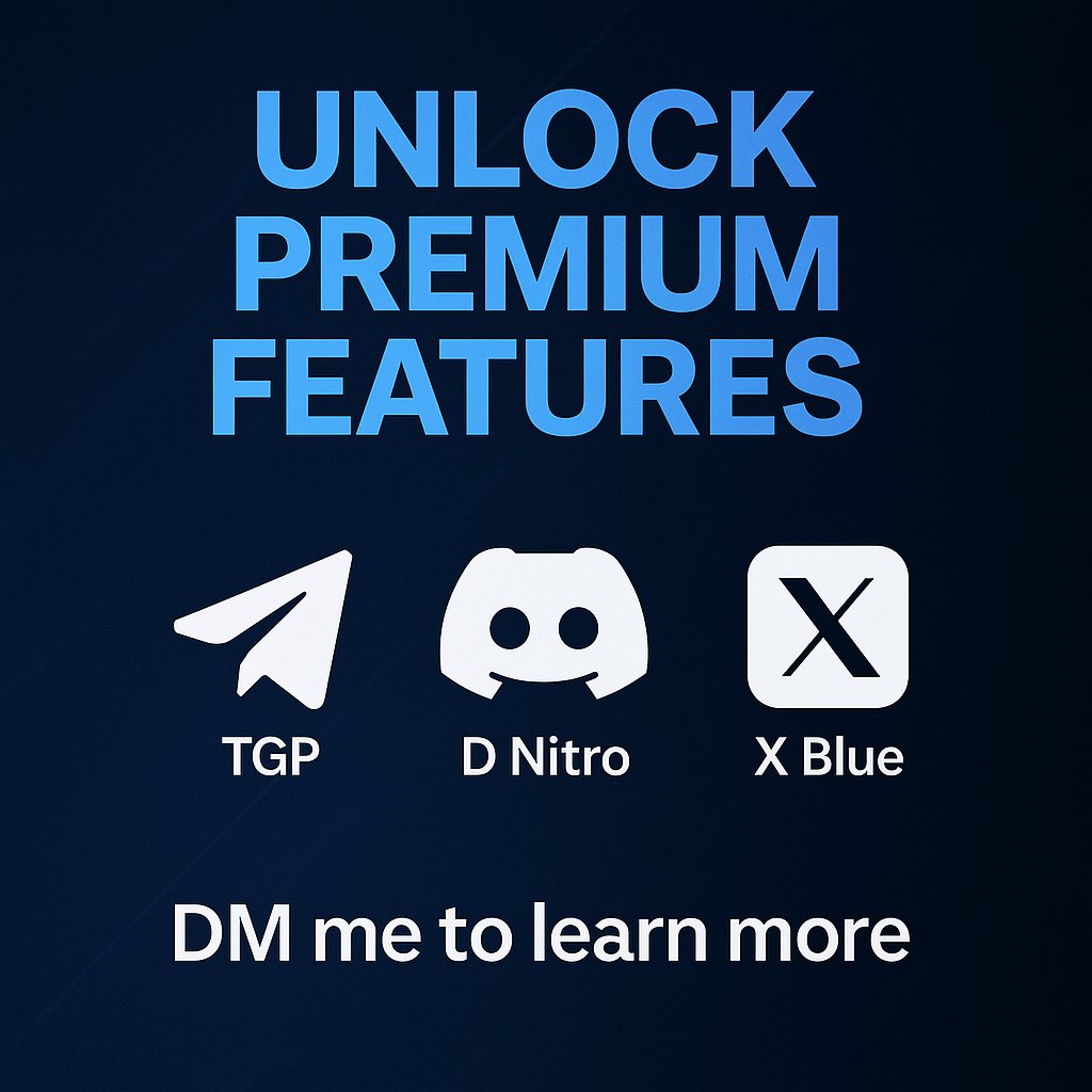 做一些小业务（会员订阅/续费代充/赠送）👀

​twitter(X): Premium/Premium+蓝V订阅
​discord: Nitro Basic/Nitro会员订阅
​telegram: Premium/Business 开通
​chatGPT: 付费版Plus/Pro 代充
​tradingview: Essentia/Plus/Premium/PRO

另​Instagram/NotionAI/Midjourney Basic/Spotify等