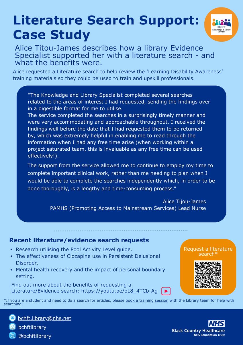BCHFTLibrary's tweet photo. We're all about finding the evidence to save you time.  Here's a case study from Alice, who used the Library's literature search service to help review her training materials, saving her time and effort. #casestudy #savingtime #evidence #knowledge #NHSLibrary https://t.co/b4oagXJnZY