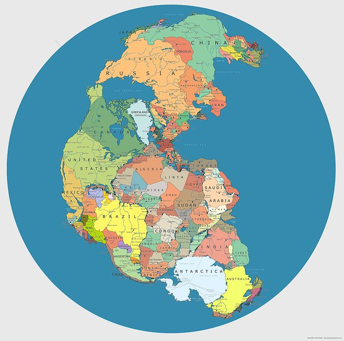 jesus_osorior's tweet photo. 4. Pangea, el supercontinente que existió hace unos 300 millones de años, mostrado con las fronteras de los países modernos https://t.co/ofYkHKuxsZ