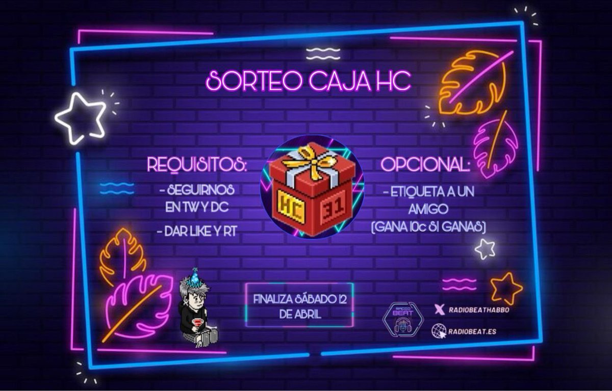 radiobeathabbo's tweet photo. 💯SORTEO RADIOBEAT💯

🎁CAJA HC 31 DIAS🎁

📢REQUISITOS:
❤️DAR LIKE 
🔁 RT
✅SEGUIRNOS EN TW Y DC 
https://t.co/2Zhp7A1P6S

🟡OPCIONAL ETIQUETAR A UN AMIGO (SI GANAS, SE LLEVA 10CR)🟡

 📅TERMINA EL DIA 12 DE ABRIL📅

🍀¡SUERTE!🍀 
 
❤️RADIOBEAT DIFERENTE A TODAS, IGUAL A TI❤️ https://t.co/2ZoZ70sZsx