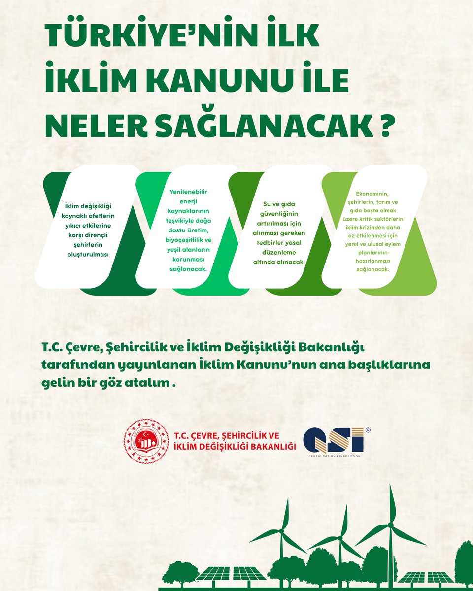 qsicertificate's tweet photo. Türkiye'nin ilk İklim Kanunu Teklifi, Türkiye Büyük Millet Meclisi'nde (TBMM) görüşülmekte olup, iklim değişikliğiyle mücadelede yasal bir çerçeve oluşturmayı hedeflemektedir. Çevre, Şehircilik ve İklim Değişikliği Bakanlığı, bu kanun teklifiyle ilgili merak edilen 14 soruyu yanıtlamış ve kamuoyunu bilgilendirmiştir.  Kanun Teklifinin Genel Yapısı: 
•Toplam Madde Sayısı: 20 ana madde ve 2 geçici madde bulunmaktadır. 
•Diğer Kanunlarda Değişiklik: Üç farklı kanunda değişiklik öngörülmektedir. Kanun Teklifinin Getirdiği Yenilikler: •İklim Değişikliğiyle Mücadelede Yasal Zemin: İklim değişikliğiyle mücadeleye yönelik politikaların ve eylemlerin yasal bir temele oturtulması amaçlanmaktadır. 
•Emisyon Ticaret Sistemi (ETS): Sera gazı emisyonlarının azaltılması için ETS'nin kurulması planlanmaktadır. Bu sistemle, karbon fiyatlandırma mekanizmaları oluşturularak, emisyonların kontrol altına alınması hedeflenmektedir.  
•Yerel ve Ulusal Eylem Planları: İklim değişikliğiyle mücadelede, yerel yönetimlerin ve ulusal düzeyde ilgili kurumların eylem planları hazırlaması ve uygulaması öngörülmektedir. 
•Temiz Teknoloji Kullanımının Teşviki: Sanayi ve enerji sektörlerinde temiz ve yenilenebilir enerji kaynaklarının kullanımının artırılması teşvik edilecektir. •Eğitim Müfredatına İklim Değişikliği Konuları: Okul müfredatlarına iklim değişikliği ve yeşil dönüşüm konularının dahil edilmesi planlanmaktadır. Bu kanun teklifiyle, Türkiye'nin iklim değişikliğiyle mücadelesinde önemli bir adım atılması ve uluslararası taahhütlere uyum sağlanması hedeflenmektedir.  

#SürdürülebilirGelecek #KurumsalSorumluluk #karbonvergisi #yeşilmutabakat #seragazı #iso14064 #karbonayakizi #iso14067 #iso14046 #iso50001 #CDP #iso14065 #iso14001 #suayakizi #ürünayakizi #LCA #eğitim #çevremühendisi #sürdürülebilirlik #yaşamdöngüsüanalizi #cbam #KarbonHesaplama #iso9001 #iso14001 #iso50001 #isokaliteyönetimsistemi #EPD #çevreselürünbeyanı #yaşamdöngüsü #corsia