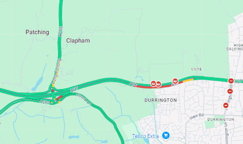SylvMelB's tweet image. UPDATE: #Durrington: A27 Arundel Road partly blocked Westbound due to an overturned car around the A280