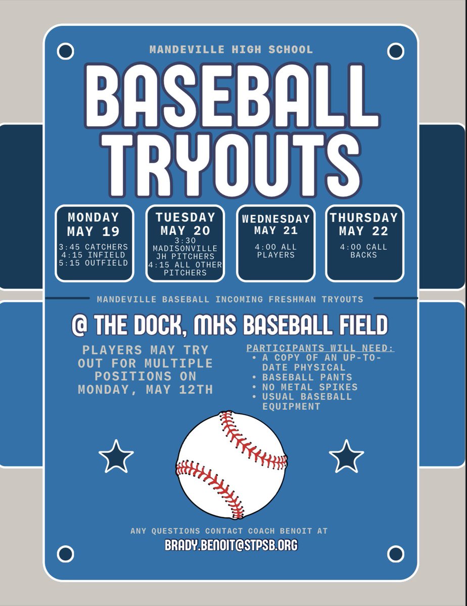 MHSSkippersBSB's tweet photo. ** TRYOUT DATES CHANGED TO MAY 19-22 **

Contact Coach Benoit (brady.benoit@stpsb.org) with any questions. https://t.co/gIGmhoNNeQ