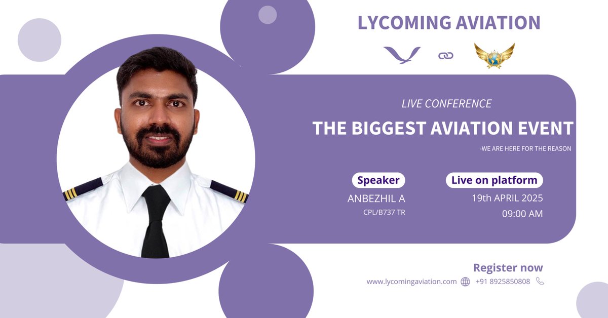 LycomingATR's tweet photo. Get ready for the biggest aviation event of the year! Join CPL holder Anbezhil A (B737 TR) live on April 19, 2025, at 9:00 AM for an inspiring session hosted by Lycoming Aviation. Register now and be part of the future of aviation! https://t.co/NnGozoMx9s
