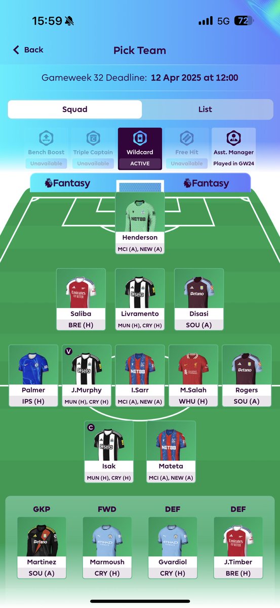 HaakonKroglund's tweet photo. @ViaplayFotball Vært gøy om dere tok en titt på laget og kommentert. Wildcard. Plan er å bytte Palmer og Murphy for Saka og savio (?) eller annen city i neste, og kjøre bench boost. Tanker? Usikker på disasi pga rotering hos Villa. Har 1,7 i banken. Usikker på Timber pga white tilbake og.. https://t.co/hVyEGfvVvj