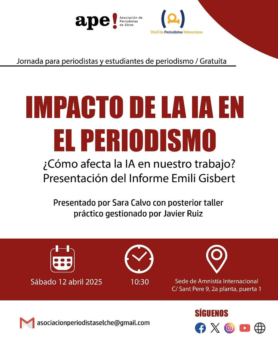 Este sábado 12 de abril organizamos una jornada sobre el impacto de la Inteligencia Artificial en el Periodismo. 

Contaremos con la presencia de <a href="/unioperiodistes/">Unió de Periodistes</a>. Presentación del informe realizado por @Sara_Ct y taller práctico a cargo del periodista Javier Ruiz.