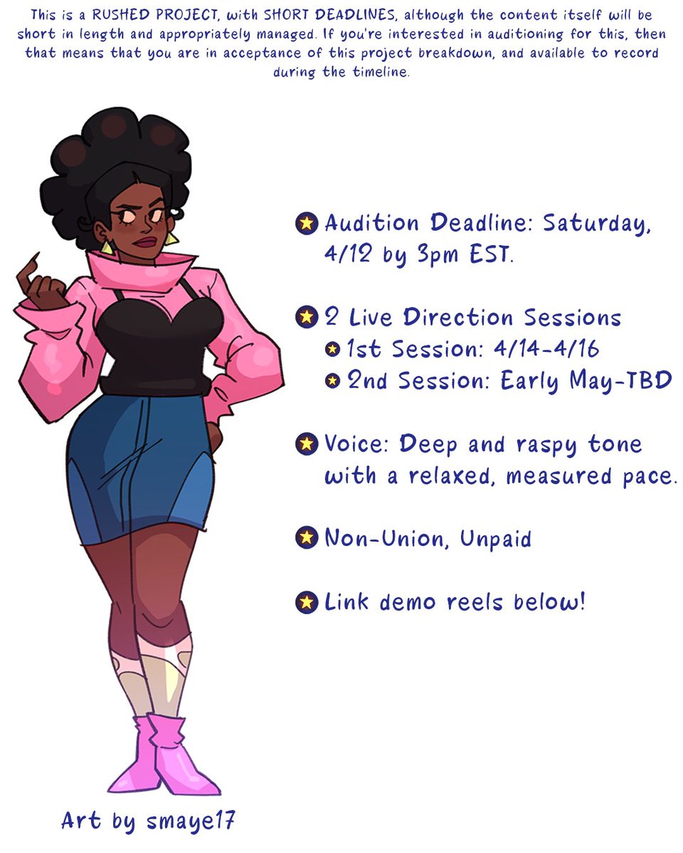 🚨RUSHED CASTING CALL🚨

Hello! I’m working with a studio to cast for an original motion comic dub, and we’re opening a previously closed audition for this character due to time constraints.

 💌 Link or DM your demos if interested, and I’ll follow up in DMs with audition info!