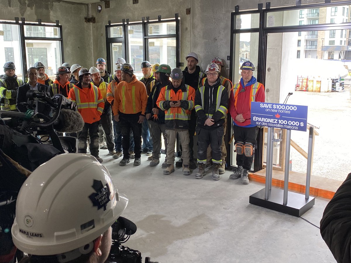 The set-up at Conservative Leader Pierre Poilievre’s press conference in Milton about housing -  he’s proposing to save 100k on average home by incentivizing municipalities to cut development charges, offering to reimburse 50% up to a maximum of $50,000