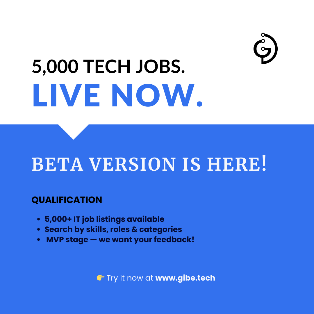 GIBE_TECH's tweet photo. 🚀 First 5,000 tech jobs are live on https://t.co/eBtPcMDHTs!
We’re rethinking job search — by skills &amp; roles, not just keywords.

🔍 Try it out &amp; tell us what you think!
🎯 100–150k more jobs dropping soon.

👉 https://t.co/eBtPcMDHTs
#TechJobs #GibeTech #JobSearch #ITCareers https://t.co/fs3Ypl8lNn