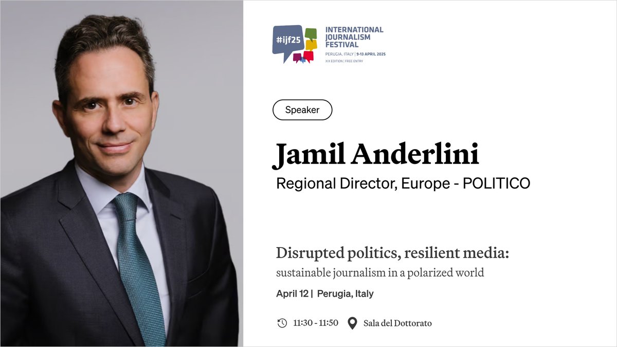 POLITICO Press (@politicopress) on Twitter photo Attending the International Journalism Festival in Perugia? 🇮🇹
Join <a href="/JamilAnderlini/">Jamil Anderlini</a> as he shares insights from POLITICO on how journalism can remain resilient and sustainable amid political disruption. #IJF25
📅 April 12
🕥 11:30–11:50 CET
📍 Sala del Dottorato Attending the International Journalism Festival in Perugia? 🇮🇹
Join <a href="/JamilAnderlini/">Jamil Anderlini</a> as he shares insights from POLITICO on how journalism can remain resilient and sustainable amid political disruption. #IJF25
📅 April 12
🕥 11:30–11:50 CET
📍 Sala del Dottorato