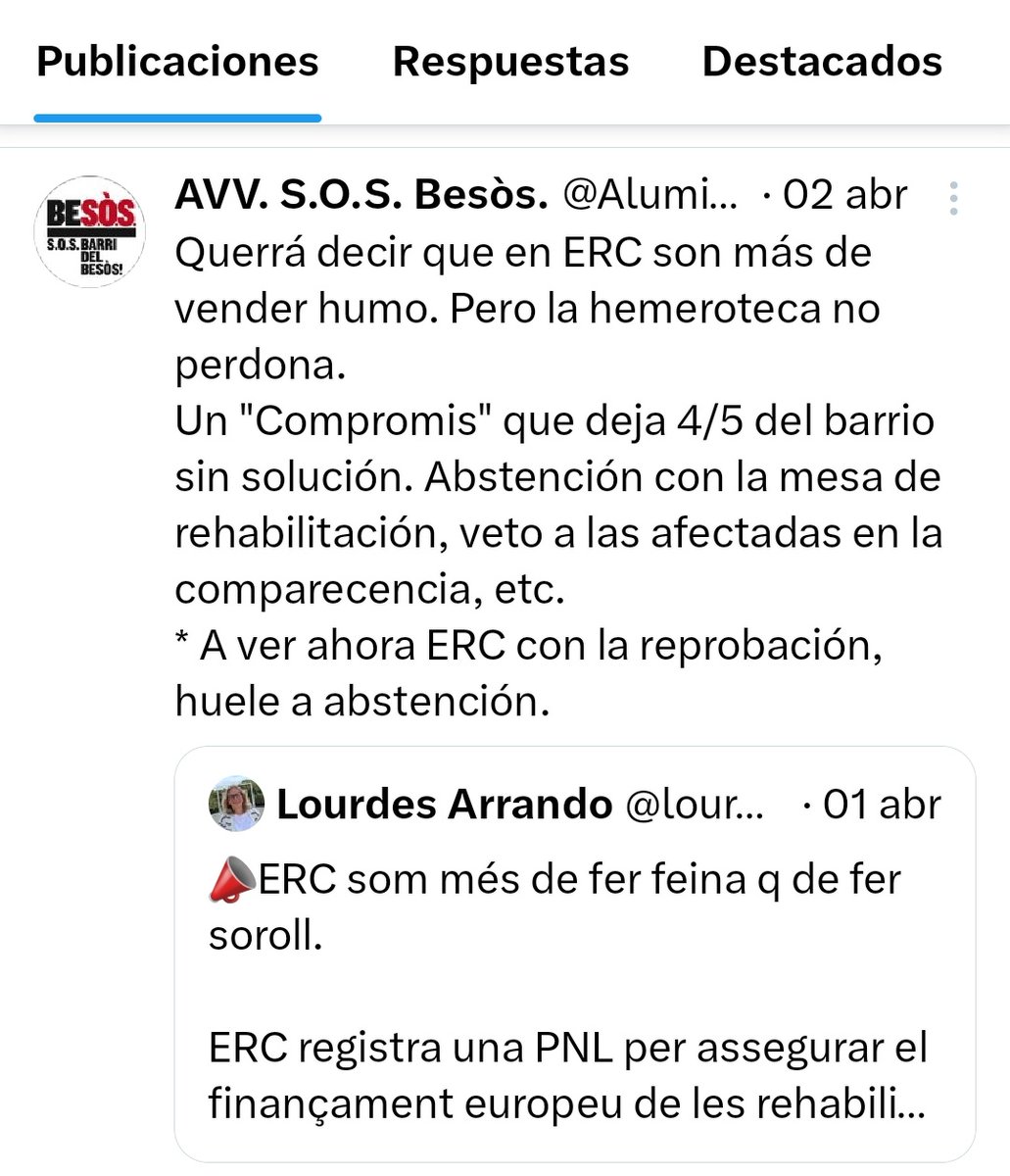 <a href="/evabaror/">Eva Baró Ramos 🎗💜🍉</a> <a href="/ERCbcn/">ERC Barcelona</a> <a href="/ERCSantMarti/">ERC Sant Martí</a> <a href="/lourdesg2a/">Lourdes Arrando</a> Avisamos hace días que lo de ERC olía a abstención. 
Es el precio de ser los pagafantas co-gobernando con PSC en un pacto solapado.
Apelar al "Compromis Besòs-Maresme", un bluf de humo de 4/5 de las viviendas sin solución... Ayer se retrató otra vez vuestro nicho aspiracional.