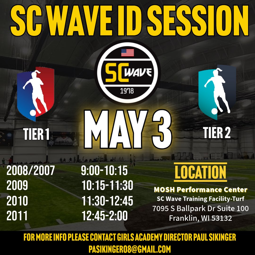 Another opportunity to showcase yourself for our Tier 1 and Tier 2 (Aspire) Girls Academy programs! This is our last spring ID Session before June. 

Registration link is in bio!

#SCWave