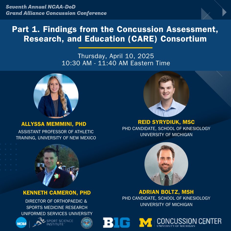 ✨New insights from the CARE Consortium are set to take center stage in Part 1 of today's conference. This session will examine how a history of concussions, HIE, and sports participation influence long-term health outcomes in collegiate athletes and military cadets.✨