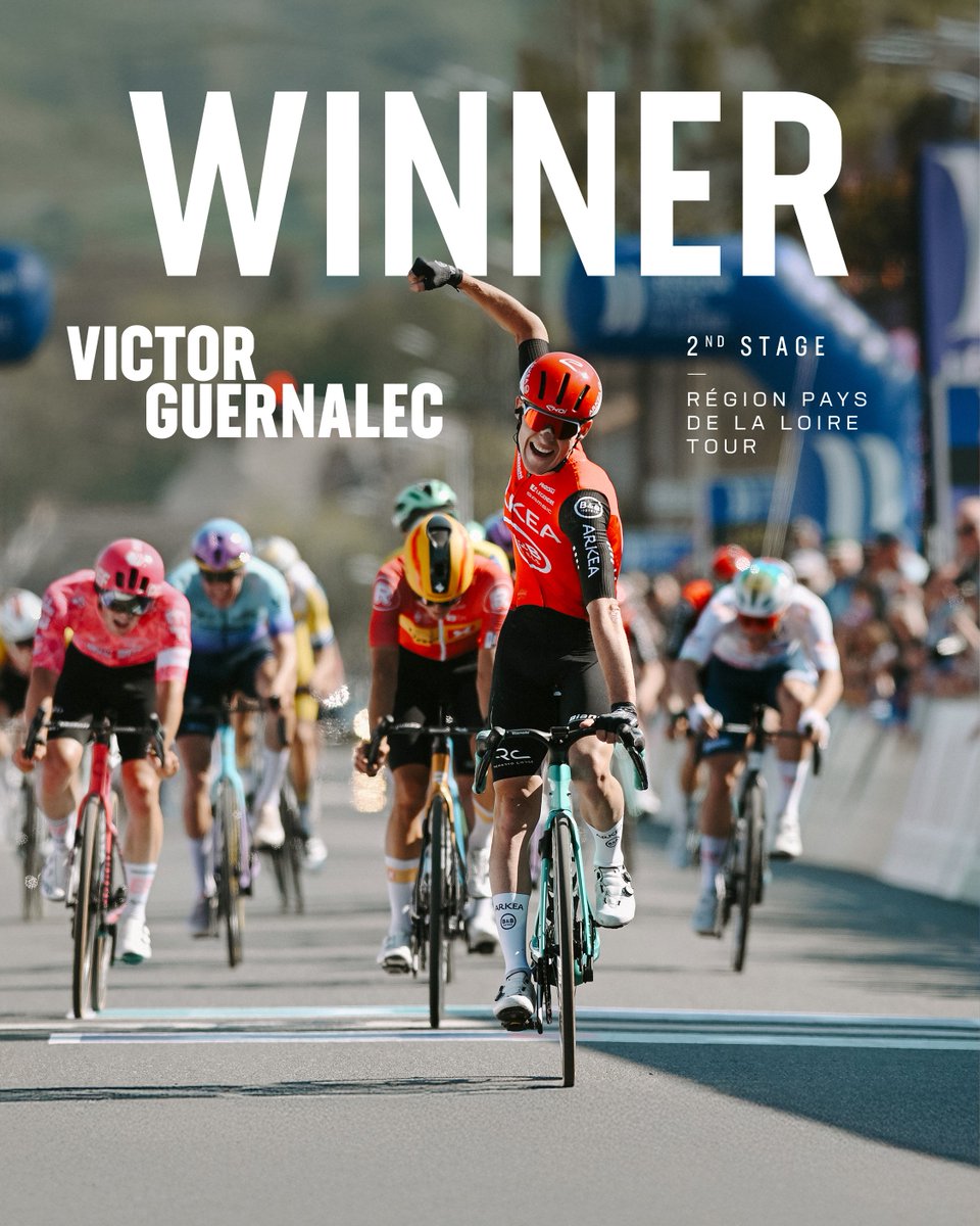 Another victory for <a href="/arkeabbhotels/">ARKEA-B&B HOTELS</a>, this time Victor Guernalec crosses the line first at Pays de la Loire.
Guernalec took the victory from a bunch sprint aboard his Oltre RC.

#Bianchi