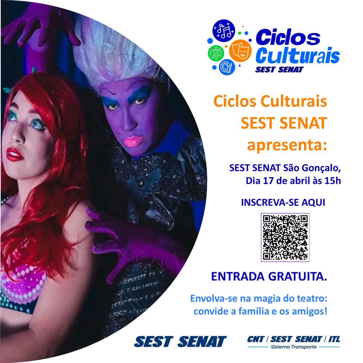setrerj's tweet photo. O Projeto Ciclos Culturais SEST SENAT apresenta a peça A PEQUENA SEREIA no dia 17/04/25, às 15h, na Unidade SEST SENAT SÃO GONÇALO/RJ. 

Tragam as crianças e venham assistir ao espetáculo, com entrada gratuita!

Faça agora mesmo o cadastro no QR Code.  

#SestSenatSG #teatro https://t.co/rAllrov0aF