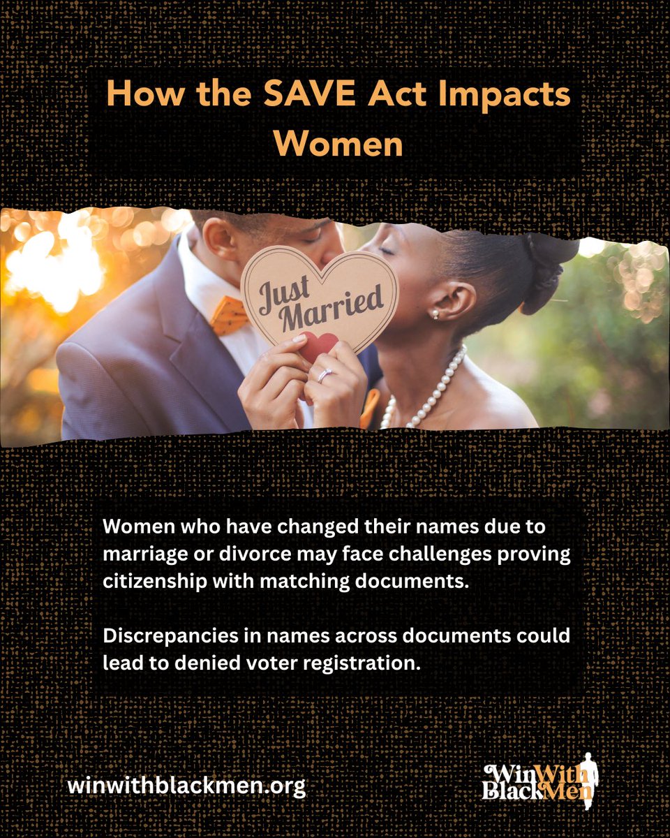 winwithblkmen's tweet image. Women who’ve changed their last name may now face unnecessary challenges at the polls.
The SAVE Act could erase their voice, requiring proof that many simply don’t have. 
#FightTheSaveAct #VotingWhileBlack #RallyForDemocracy #VotingRights #Winwithblackmen