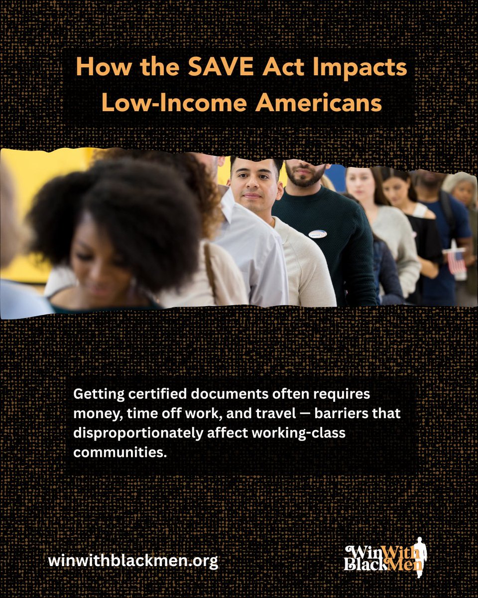 winwithblkmen's tweet image. Low-income Americans face new challenges under the SAVE Act.
Strict ID requirements disproportionately affect those without access to government-issued IDs. #FightTheSaveAct #VotingWhileBlack #RallyForDemocracy #VotingRights #Winwithblackmen