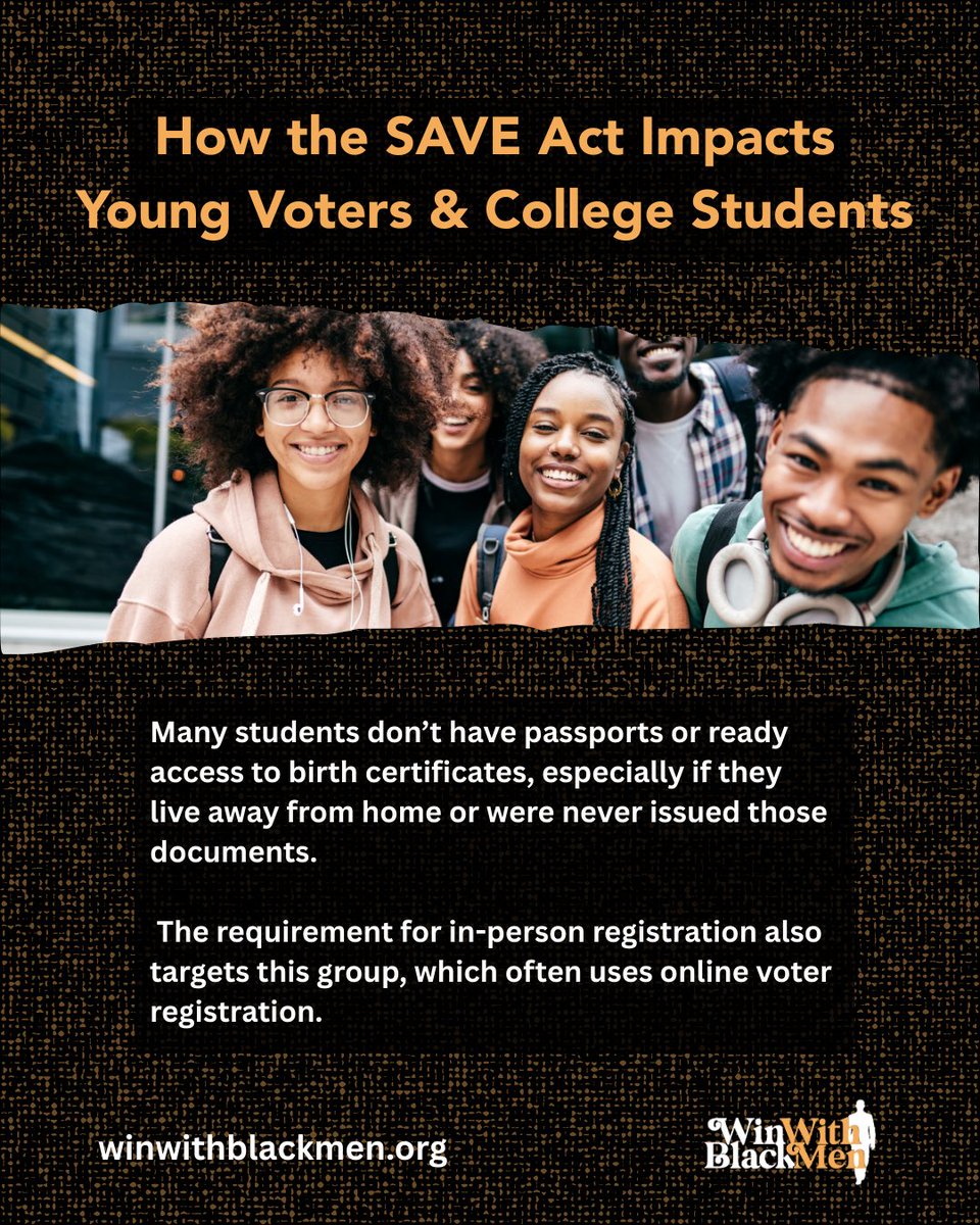winwithblkmen's tweet image. The SAVE Act hurts young people—especially students who often don’t have fixed addresses or IDs.
This bill makes it harder for them to participate in our democracy.

#FightTheSaveAct #VotingWhileBlack #RallyForDemocracy #VotingRights #Winwithblackmen