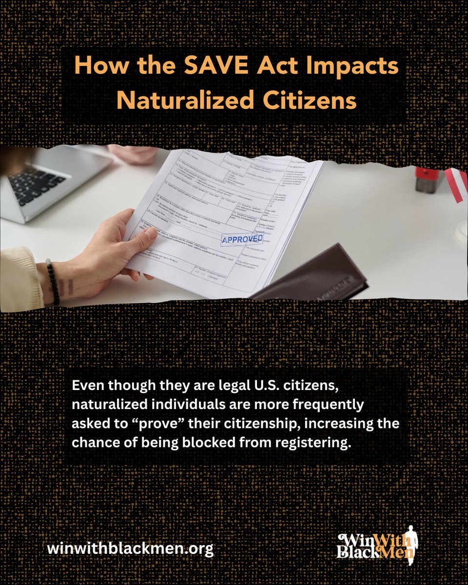 winwithblkmen's tweet image. Naturalized citizens are at risk under the SAVE Act.
Requiring proof of citizenship can disenfranchise new Americans who may not have easy access to the required documentation. #FightTheSaveAct #VotingWhileBlack #RallyForDemocracy #VotingRights #Winwithblackmen