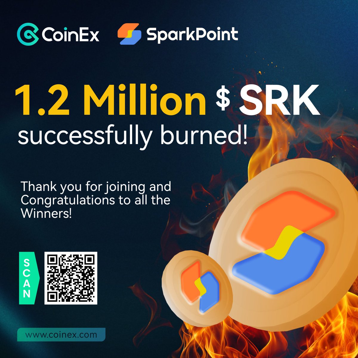 The #CoinEx x <a href="/sparkpointio/">SparkPoint</a> Trade and Burn Event is complete! 🔥

We've successfully burned a total of 1.2M  tokens.
Here's the transaction details for this trade and burn event: etherscan.io/tx/0xf7e0d013f…

Congratulations to our CoinEx users who share the $500 rewards:
See full