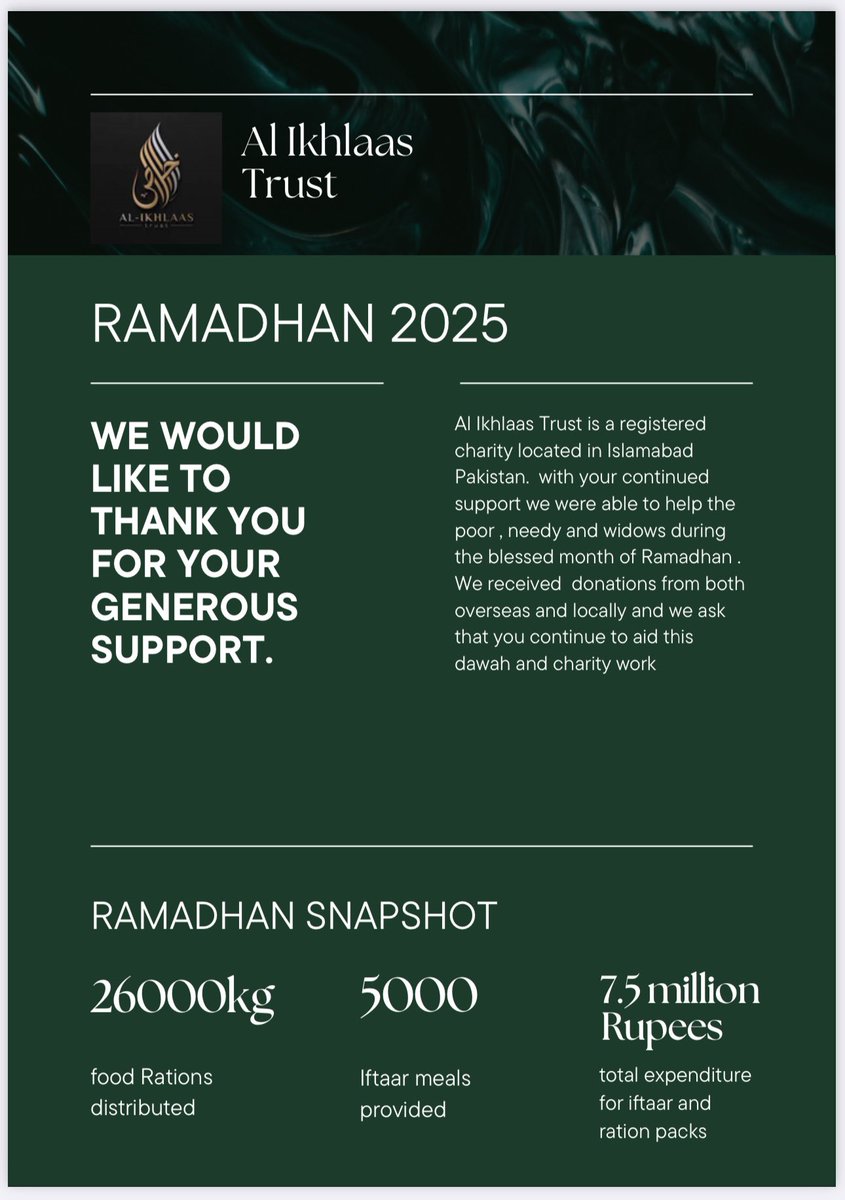 May Allah reward all of you who helped the poor in Pakistan this Ramadan. 
26,000 kg of food rations distributed, 5,000 iftar meals — 7.5 million rupees of your sadaqah spent. Please continue to give from wherever you are in the world:

ikhlaas.org/donations/