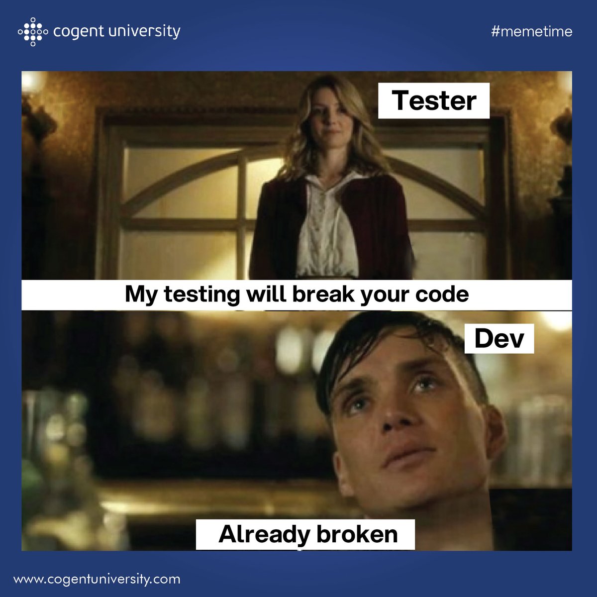 Cogentuni's tweet image. Code so fragile, even a tester’s glance could crash it. 💥🧪
#BreakItToMakeIt #newprogrammerstruggles #linkedinmemes #corporatememes #officememes #officejokes #memesdaily #work #workhumour