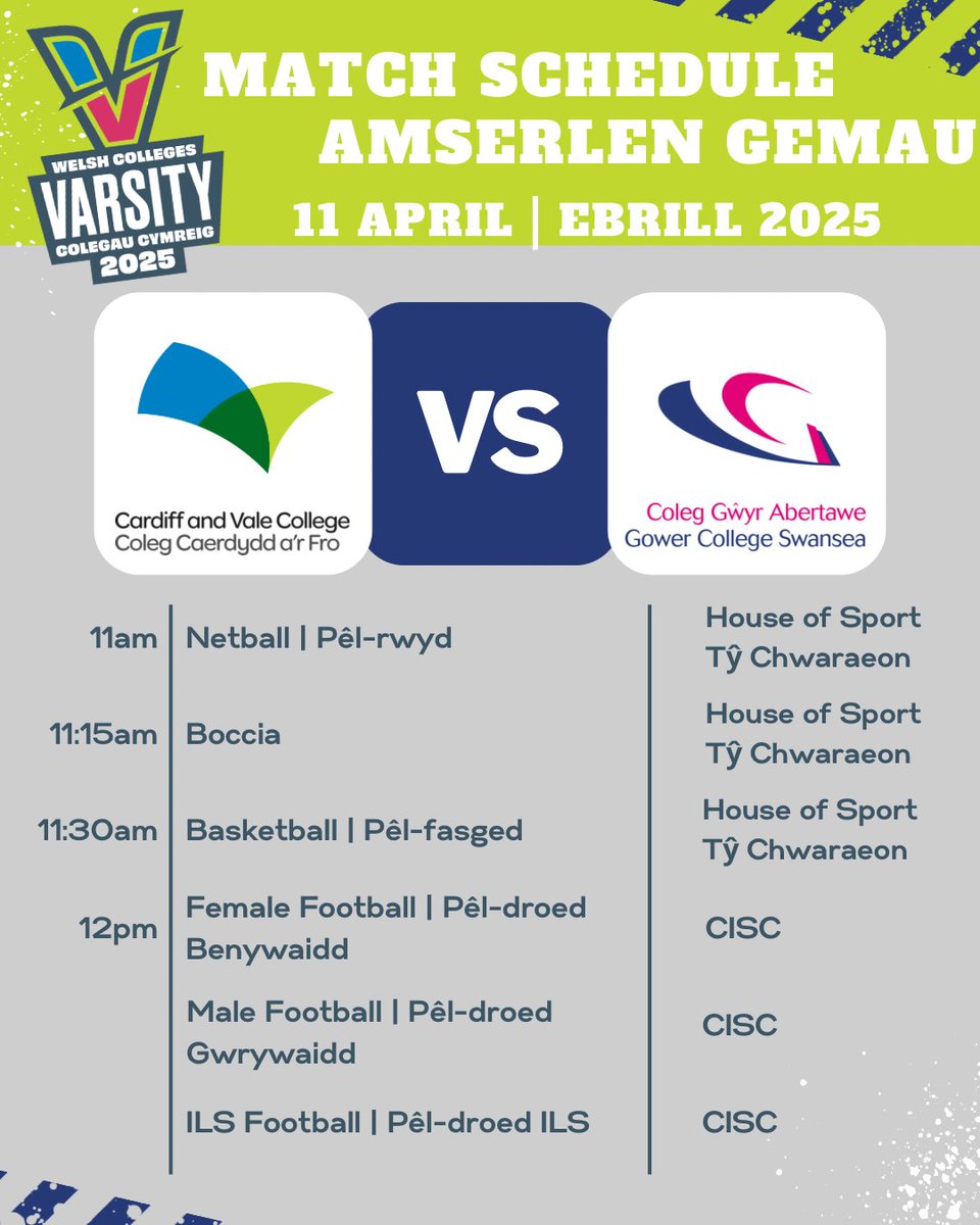 Cardiff and Vale College | Coleg Caerdydd aโr Fro (@cavc) on Twitter photo Here's an updated timetable for Friday's Welsh Colleges Varsity matches between #TeamCAVC and <a href="/GowerCollegeSwa/">Gower College Swansea</a>.
There's no need to book tickets, just drop in and support the teams! Here's an updated timetable for Friday's Welsh Colleges Varsity matches between #TeamCAVC and <a href="/GowerCollegeSwa/">Gower College Swansea</a>.
There's no need to book tickets, just drop in and support the teams!