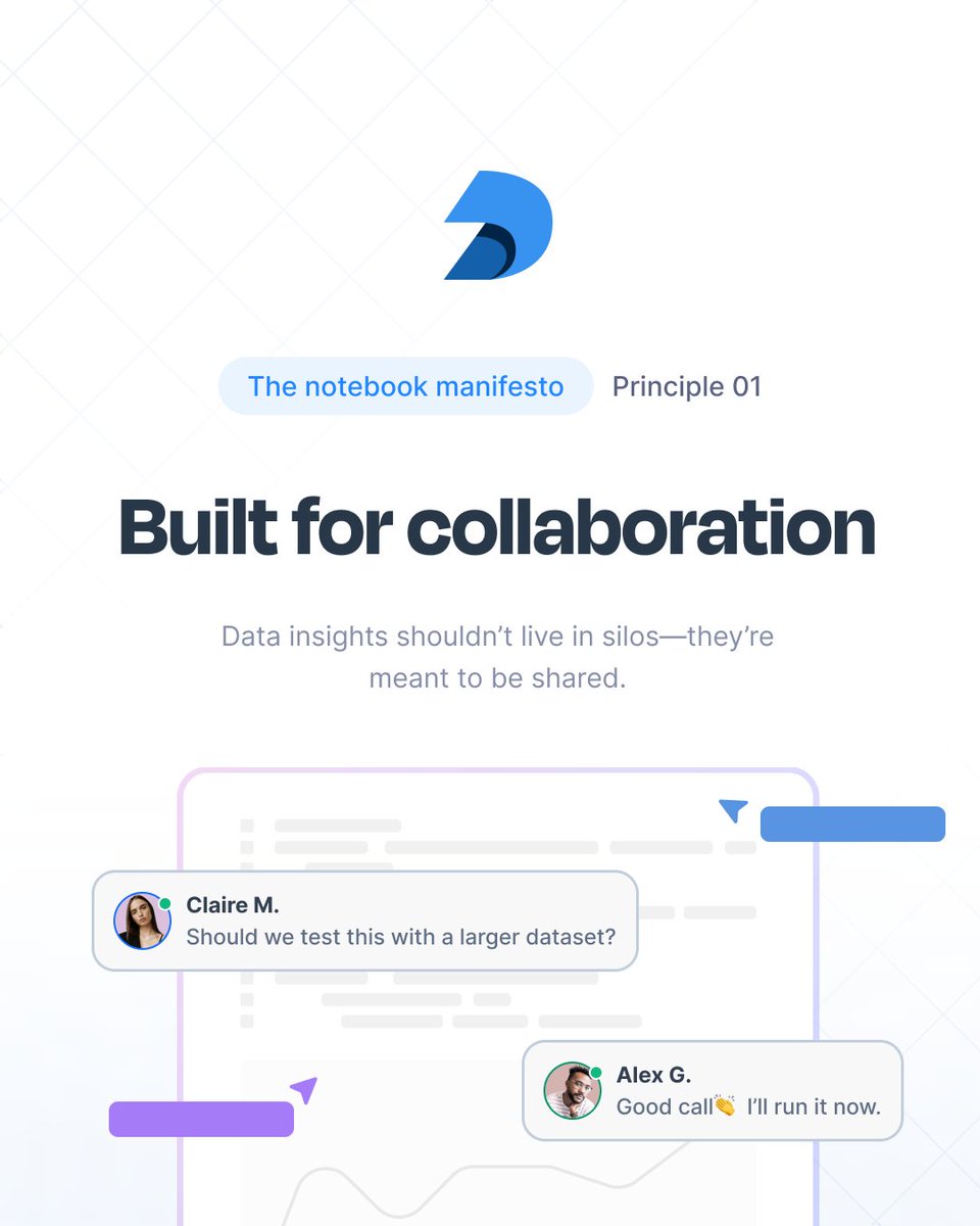 Effective data work thrives in collaborative environments.

Environments, where teammates can effortlessly explore, comment, and iterate together, right within the notebook. 

At Deepnote, collaboration isn’t an add-on; it’s built into the heart of the workflow.