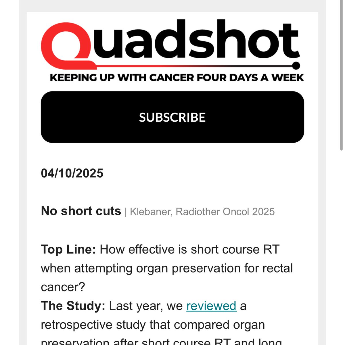 StanfordRO_Res's tweet image. Congrats to Dr. @DashaKlebaner and team on this tremendous Radiotherapy &amp;amp; Oncology paper! In this phase 2 trial, short-course RT + FOLFOXIRI led to 26% TME-free survival at 2 yrs—supporting long-course CRT as preferred when organ preservation is the goal

sciencedirect.com/science/articl…