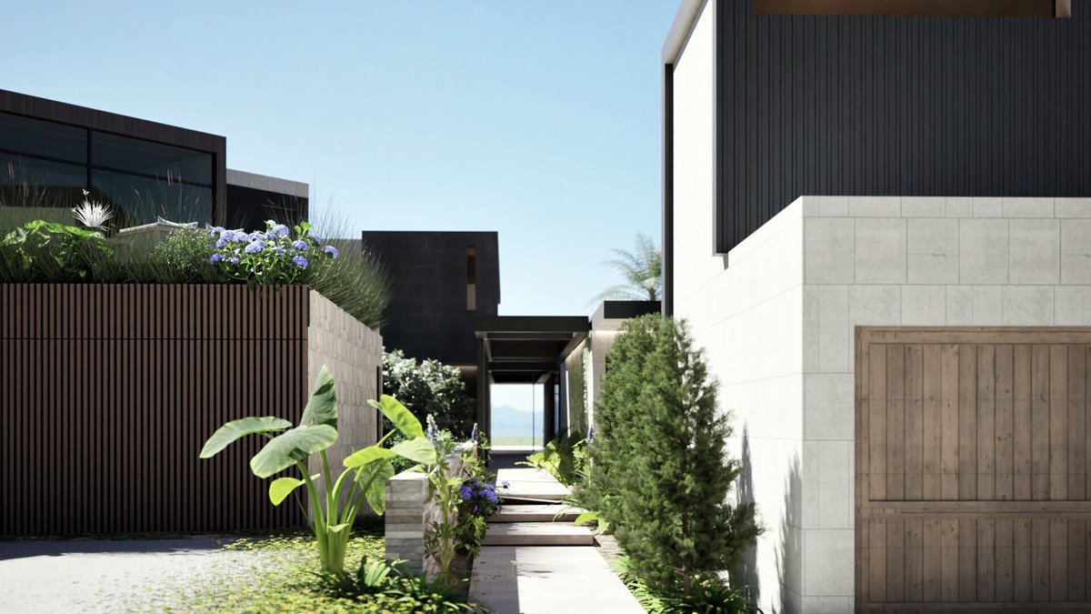 The custom Nexus House is nestled on a unique, elongated, keyhole-shaped site with expansive canyon views. Its trellised entry walkway guides visitors forward, and its layout consists of connected sleeping areas on one side and a privacy wall on the other. tinyurl.com/29np9c8b