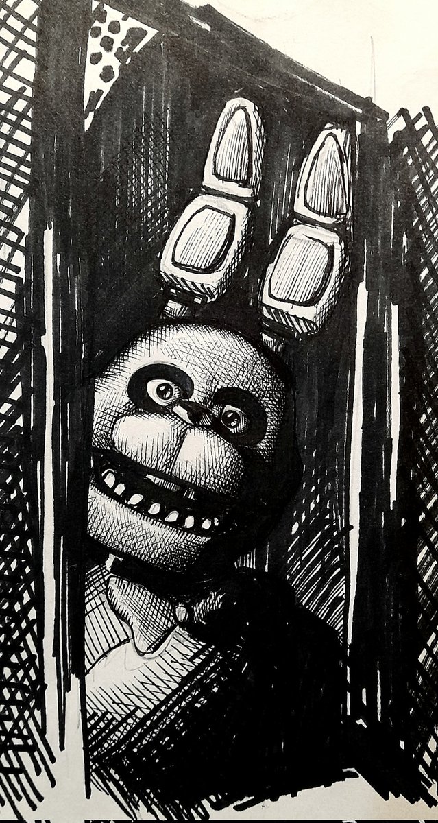 One of the renders from the original FNaF that I still find disturbing to this day is the one that shows bonnie looking at the player from the left office door.
There's something about his eyes that makes me feel uncomfortable.
Here's a recreation of it, drawn out of boredom.
