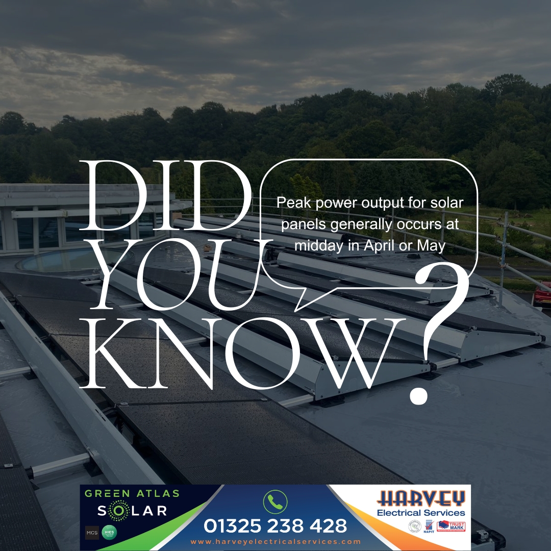 Did you know...

Peak power output for solar panels generally occurs at midday in April or May - which is why days like today are such significant reminders of the benefits of making the switch ☀️

Call our solar team to get started: 01325 249 294

harveyelectricalservices.com