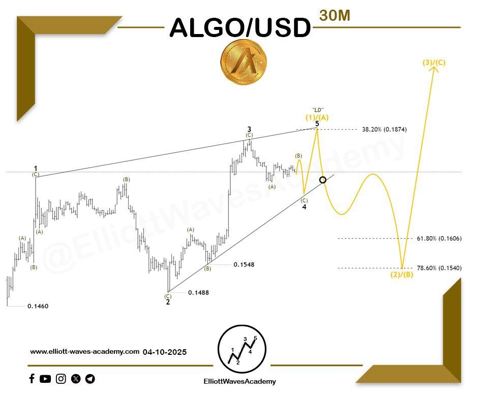 waves_academy's tweet photo. Expected Outlook for the Cryptocurrency #ALGOUSD 🇺🇸 on the 30-Minute Timeframe
Is it time to see a deep correction? 🤔
- One possible scenario involves a bullish wave forming in a leading diagonal pattern.
- The price may now rise to complete the fifth wave of this pattern through a corrective move. If a reversal occurs from the upper boundary of this pattern, we can expect the following:
- A strong downward move within the subwaves of wave (2)/(B).
- The target levels for the decline are between 0.1606 and 0.1540.
- If the price reverses from this zone, a subsequent upward move may follow.
- ⚠️ Breaking below 0.1460 will invalidate this bullish scenario.
For Our Daily Premium Analysis 👉 : https://t.co/p1Y24s1hGo…
For Our Educational Program 👉 :
https://t.co/XBwdSyq4uP…
#elliottwave #tradingview #technicalanalysis #swingtrading #waveanalysis #BTCUSD #cryptocurrencies #btctrading #forexdubai #forexeurope #forexuk #ETHUSD #tradingstrategies #priceactiontrader #ethereumtrading #ethereuminvestment #ethereumprice #bitcoinsignals #priceactiontrading #forexmalaysia #forexespanol #forexfrance #tradingacademy #forexaustralia #bitcointrading #Dogecoin #ALGOUSDT