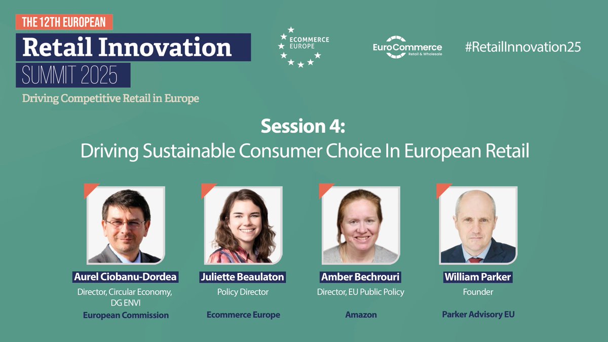 Ecommerce Europe (@ecommerce_eu) on Twitter photo We have concluded the last panel of #RetailInnovation25 on Driving Sustainable Consumer Choice in EU Retail with Aurel Ciobanu-Dordea, <a href="/Juliette_Bltn/">Juliette Beaulaton</a>, Amber Bechrouri, and moderated by William Parker. We have concluded the last panel of #RetailInnovation25 on Driving Sustainable Consumer Choice in EU Retail with Aurel Ciobanu-Dordea, <a href="/Juliette_Bltn/">Juliette Beaulaton</a>, Amber Bechrouri, and moderated by William Parker.