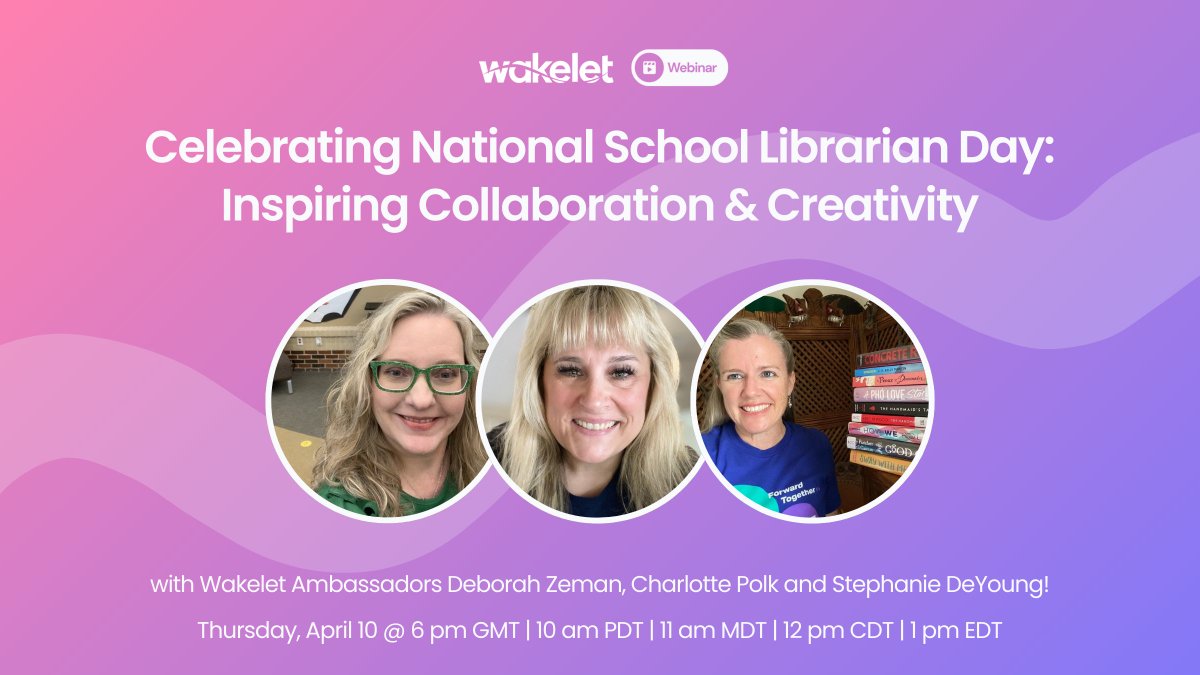 🚨 Join us in 30 minutes 🚨 

<a href="/Z_Brarian/">📚Deborah Zeman 🔜 #TLA2025</a>, <a href="/charlottepolk71/">Charlotte Polk: Library Girl In A Digital World</a> &amp; <a href="/Sdeyoung1/">Stephanie DeYoung➡️Work</a> share top tips for building dynamic, engaging libraries!

✨ Boost collaboration, spark creativity &amp; strengthen school connections.

Join here 👉 webinars.wakelet.com/april_pd_25