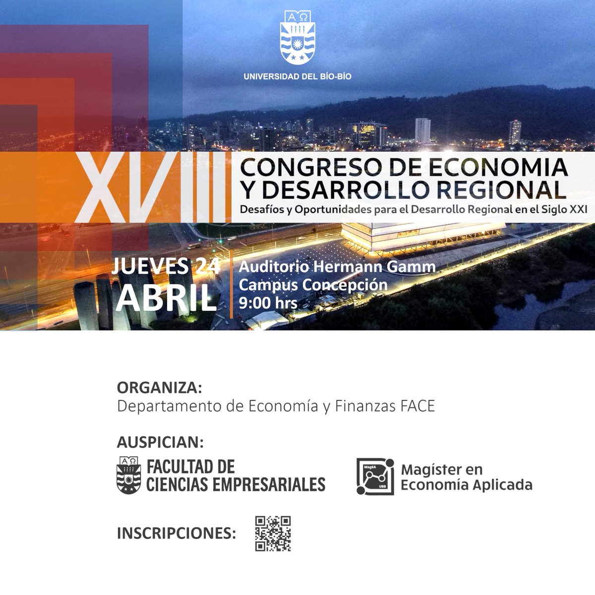 Te invitamos al XVIII Congreso de Economía y Desarrollo Regional, evento académico abierto a la comunidad para la reflexión y el debate, que se realizará este 24 de abril en el auditorio Hermann Gamm de la <a href="/ubbchile/">U. del Bío-Bío</a>. Inscripciones: ubb.cl/787475