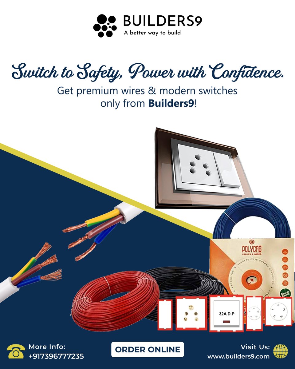 Builders9Online's tweet image. Power up your space with safe, stylish wires and switches from Builders9! ⚡🏠

📞 Call: +91 73967 77235
🌐 Visit: builders9.com

#Builders9 #WiresAndSwitches #PowerSafe #ElectricEssentials #QualityElectricals #SmartWiring #HomeSafetyFirst #SwitchToStyle #ModernHomes