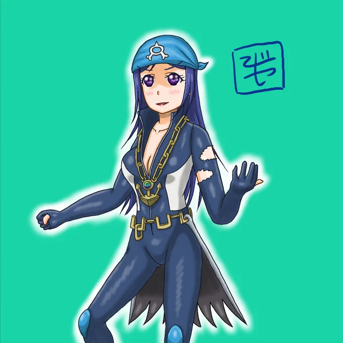 誕生日から2ヶ月も遅れたけど果南描けたポケモンORASよりアクア団リーダー・アオギリの衣装です 