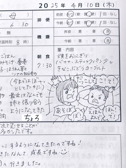 2025.04.10(thu)
1y9m27d

保育園の先生、親にとっては困るようなことでも「成長」言ってくれて救われる🥹✨

#連絡帳de育児記録
#育児日記 #育児絵日記 #育児イラスト
#1歳 #2023jun_baby
#ママ垢さんと繋がりたい 