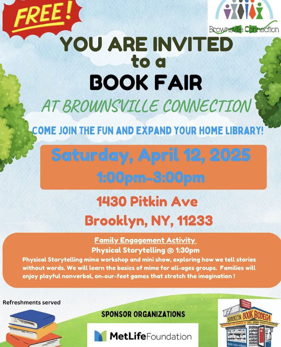 BklynBookBodega's tweet photo. Big Book Party at Brownsville Connection (Book Giveaway All Ages)⁠
⁠
Sat, Apr 12, 1:00 p.m. - 3:00 p.m.⁠
⁠
Family Enrichment Center⁠
1430 Pitkin Avenue⁠
Brooklyn, NY 11233⁠
⁠
💓 This program is supported by MetLife Foundation.⁠ https://t.co/l6EBWz3nzd