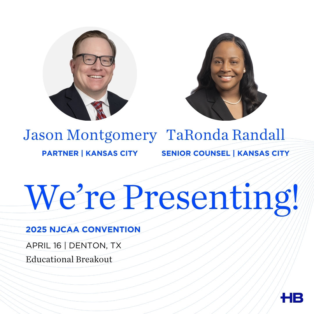 HBeducationlaw's tweet photo. At @HuschBlackwell, we know how central athletics are to today’s junior colleges. Join Jason Montgomery &amp; TaRonda Randall at the 2025 @NJCAA Convention on 4/16 for a session reviewing hot topics of the day and guidance for the complex world of #collegeathletics. https://t.co/hn7piIxpPh
