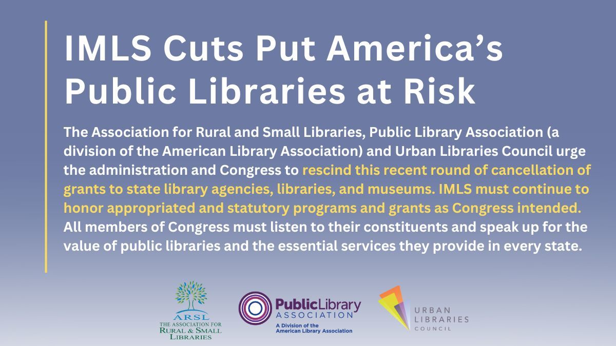 Urban Libraries Council (@urbanlibcouncil) on Twitter photo The Association for Rural & Small Libraries, <a href="/ALA_PLA/">Public Library Association</a> & <a href="/UrbanLibCouncil/">Urban Libraries Council</a> urge the administration & Congress to reverse <a href="/US_IMLS/">IMLS</a> grant cancellations. IMLS must honor its commitments—libraries in every state rely on this support to serve their communities: buff.ly/duiLo4j The Association for Rural & Small Libraries, <a href="/ALA_PLA/">Public Library Association</a> & <a href="/UrbanLibCouncil/">Urban Libraries Council</a> urge the administration & Congress to reverse <a href="/US_IMLS/">IMLS</a> grant cancellations. IMLS must honor its commitments—libraries in every state rely on this support to serve their communities: buff.ly/duiLo4j