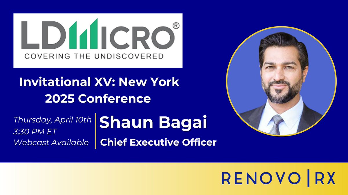 Tune-in today, April 10th at 3:30 p.m. ET for RenovoRx CEO Shaun Bagai's presentation at the LD Micro Invitational XV: New York 2025 conference. Register for the webcast here: bit.ly/4cvTfQA $RNXT