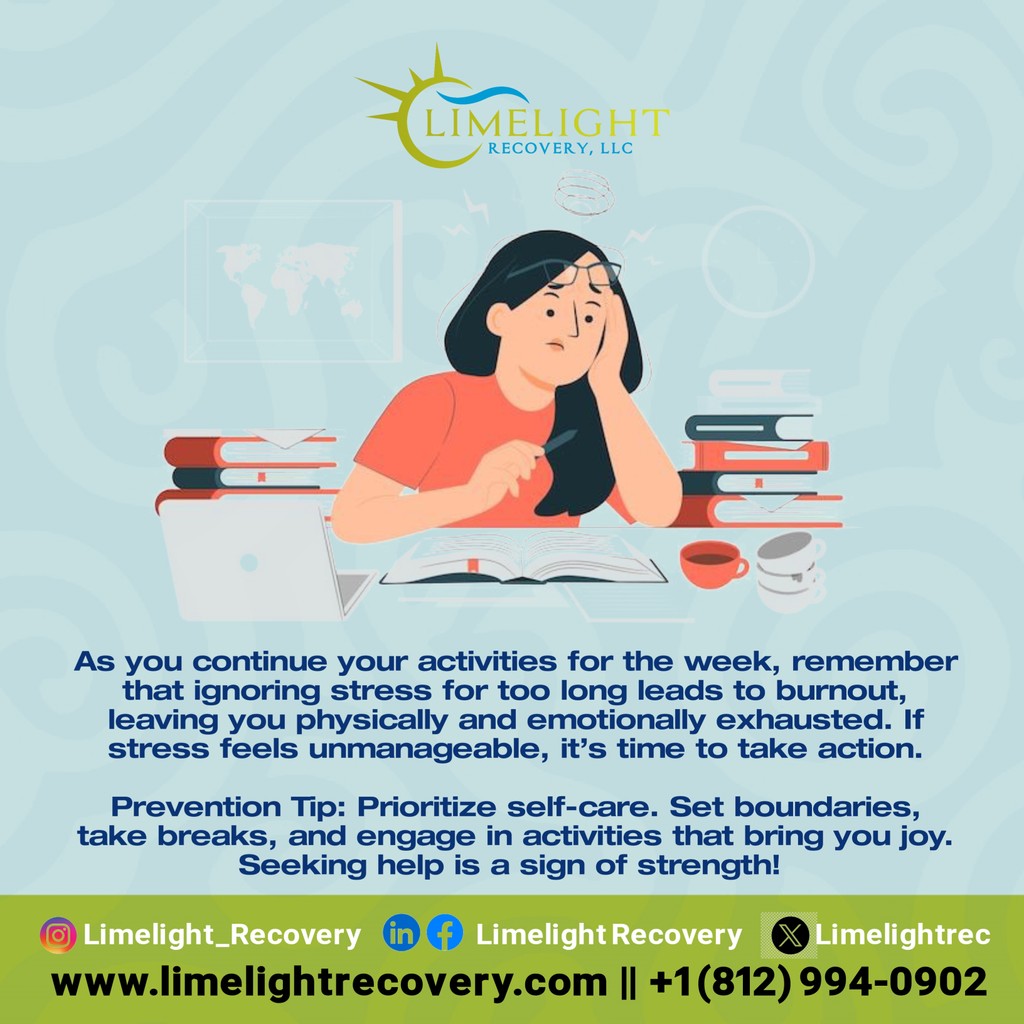 LimelightRec's tweet photo. As you continue your activities for the week, remember that ignoring stress for too long leads to burnout, leaving you physically and emotionally exhausted. Prioritize self-care. Set boundaries, take breaks, and engage in activities that bring you joy. #SelfCareMatters https://t.co/e1kDbm62jD