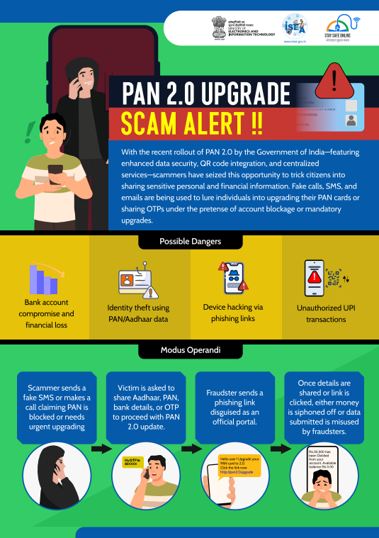 SSOIndia's tweet image. 🔍💳PAN 2.0 update or scam bait? 🧐 Click wisely!

#ScamAlert #PANScam #ScamAlertIndia #CyberAwareness #StaySafeOnline #PAN2Update #DigitalSecurity #OnlineFraud #IdentityTheft #PhishingScam #CyberSafety #DontShareOTP
#FraudAwareness #ThinkBeforeYouClick #SecureYourData #ISEAIndia