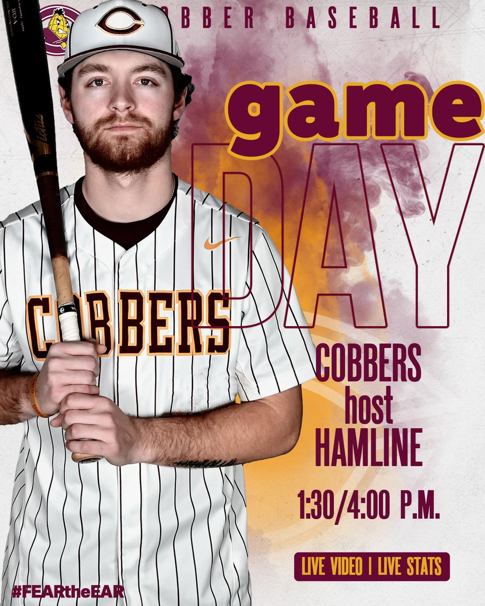 𝗚𝗔𝗠𝗘𝗗𝗔𝗬!
It's a 2nd straight GameDay for Cobber baseball as they host Hamline in the 2nd of 4 DHs on the week. Note the early start time so make plans accordingly to get to The Buck. Live video &amp; stats will be available for fans who can't make it. 

#FearTheEar🌽