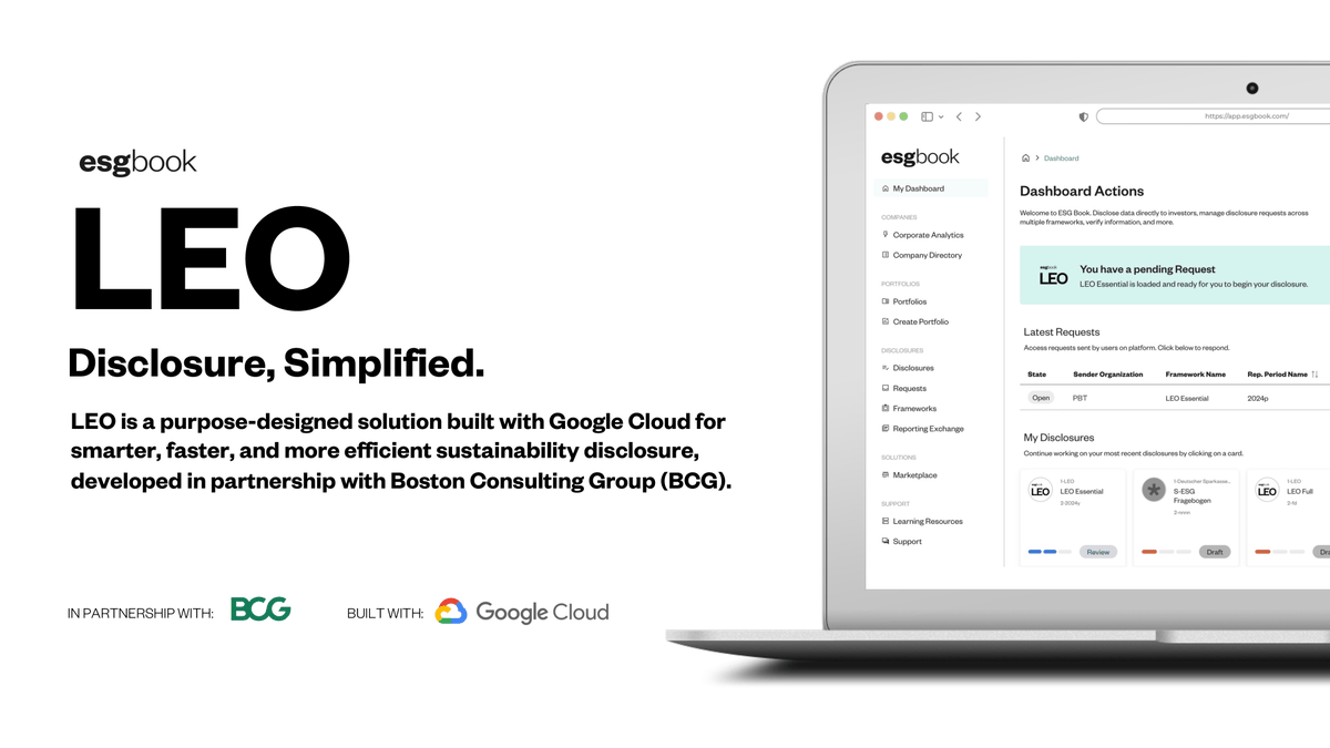 ESGBook launches LEO, transforming sustainability reporting for corporates and financial institutions with <a href="/googlecloud/">Google Cloud</a> and <a href="/BCG/">Boston Consulting Group</a>. LEO offers secure, efficient disclosure, easing data management and sharing to meet industry regulations.

Read more here: esgbook.com/insights/press…