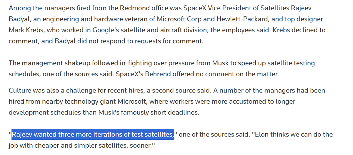 xdNiBoR's tweet photo. Funny story: Rajeev Badyal was fired by Elon just 6 months before the first operational Starlink satellites launched. He wanted to launch three more iterations of test satellites. 
Then he got hired by Project Kuiper. 

Look, it might be an unpopular opinion, but Elon was right, and his ruthless management style delivers results. It works.