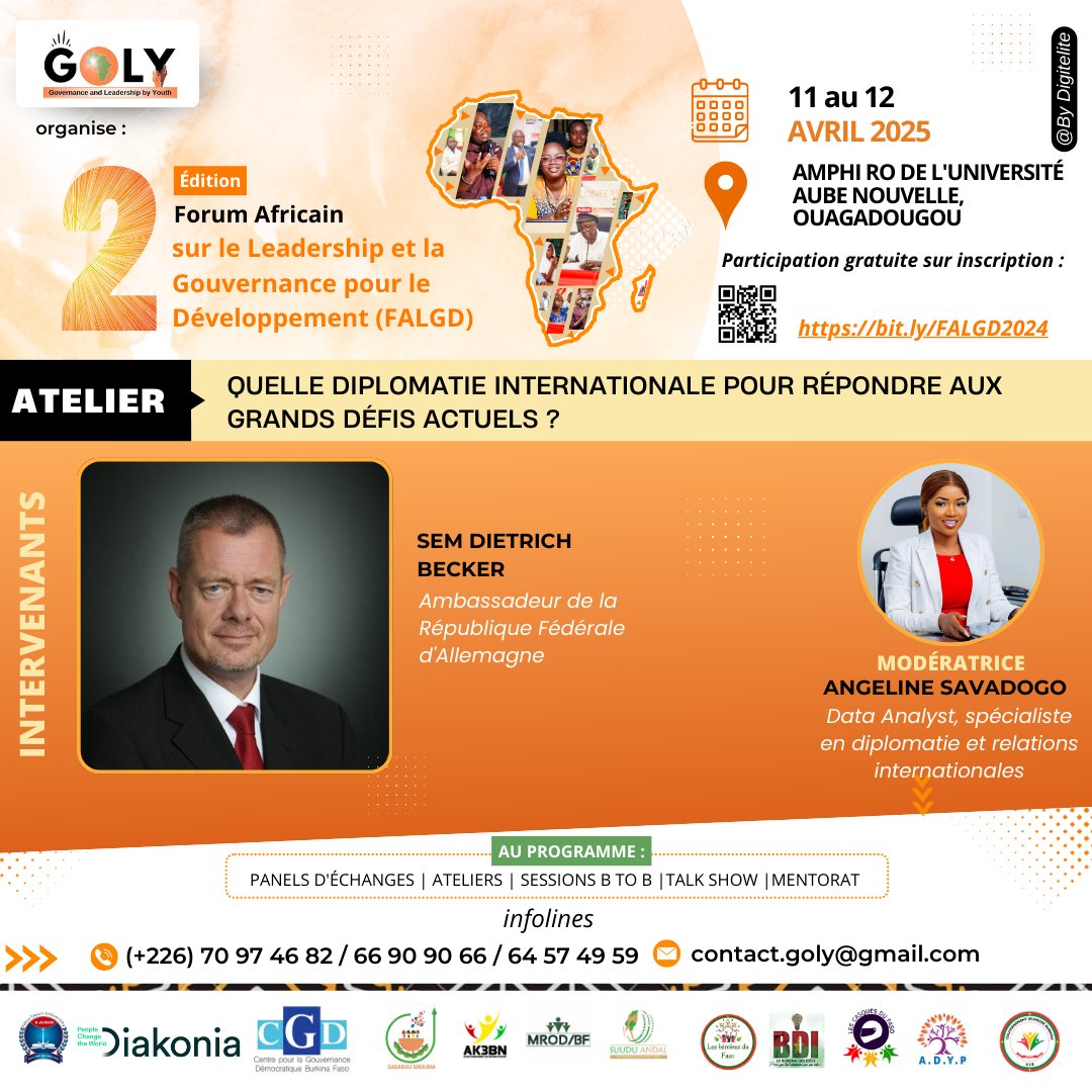 GolyBF's tweet photo. [ FALGD 2025 : Des voix qui comptent, des parcours qui inspirent ] 

Ambassadeur, PDG, économistes, coachs, leaders jeunesse… Ils seront tous là pour vous booster !

📍 RDV vendredi 11 avril à 8h à l’Université Aube Nouvelle, Ouaga.

#GOLY #FALGD2025 https://t.co/dpcExIS3Hi